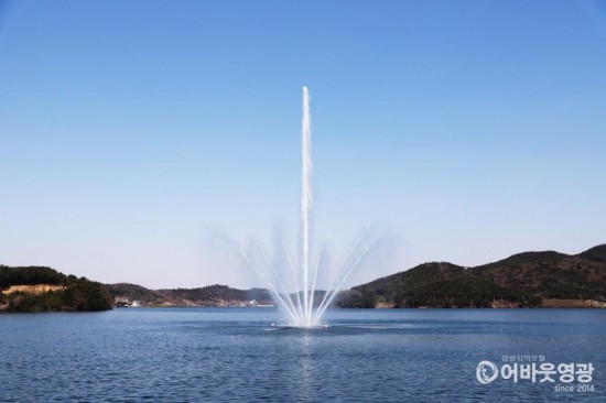 영광 불갑저수지 하늘을 향해 쏴 올리는 고사분수(高射分水) 시범운영 1.jpg