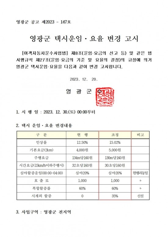 영광군 택시운임요율 변경 고시001.jpg